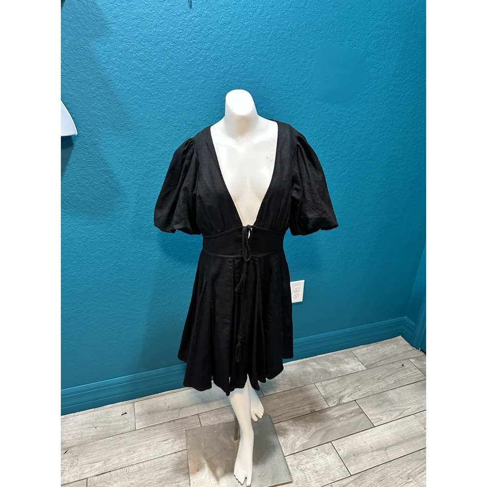 House Of Harlow 1960‎ Black Linen Puff Sleeve Peasant Dress Size 0
